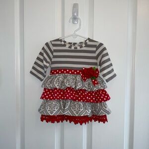 Charming Counting Daisies Striped Girls Holiday Dress with Red Accents